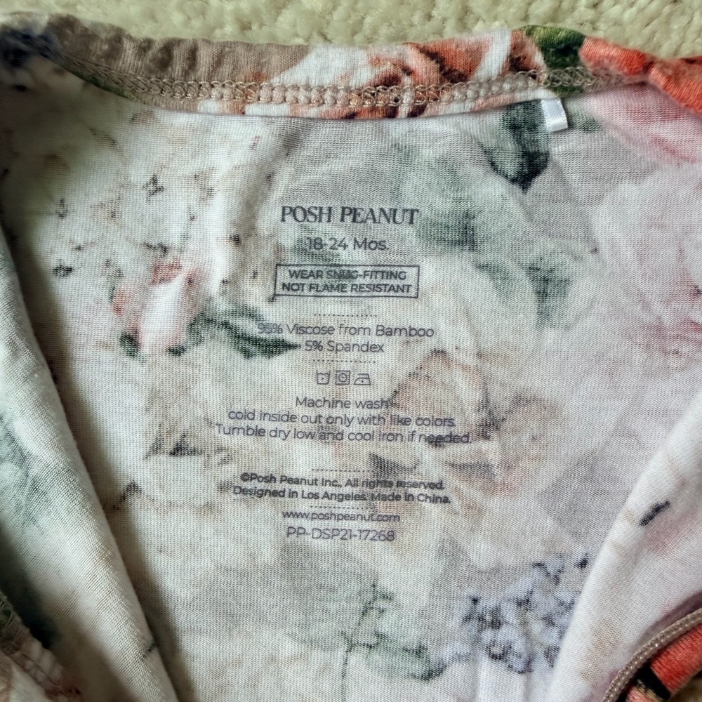 Posh Peanut Floral Footie Ruffled Zippered One Piece in Pink, Green, & Grey - Picture 8 of 12